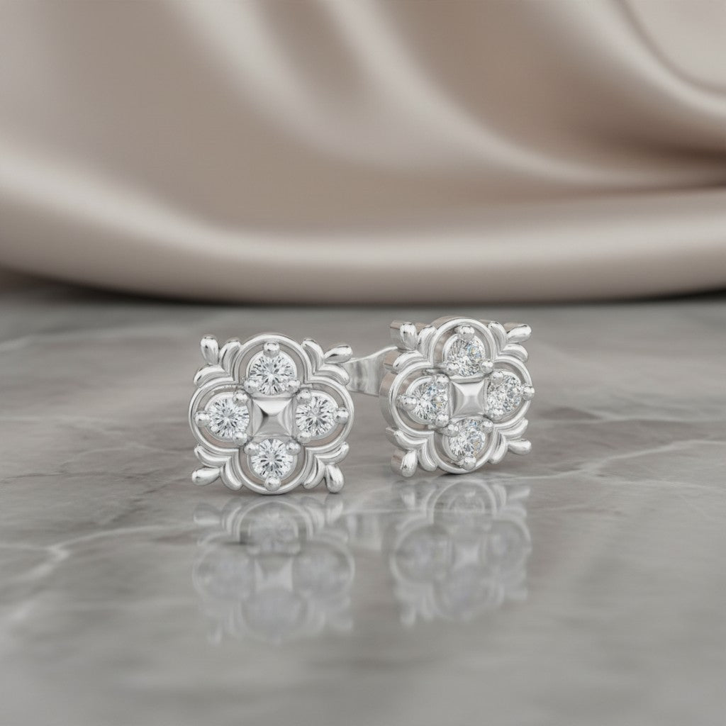 0.36 Ct Round-Cut Lab-Grown Diamond & Moissanite Floral Stud Earrings