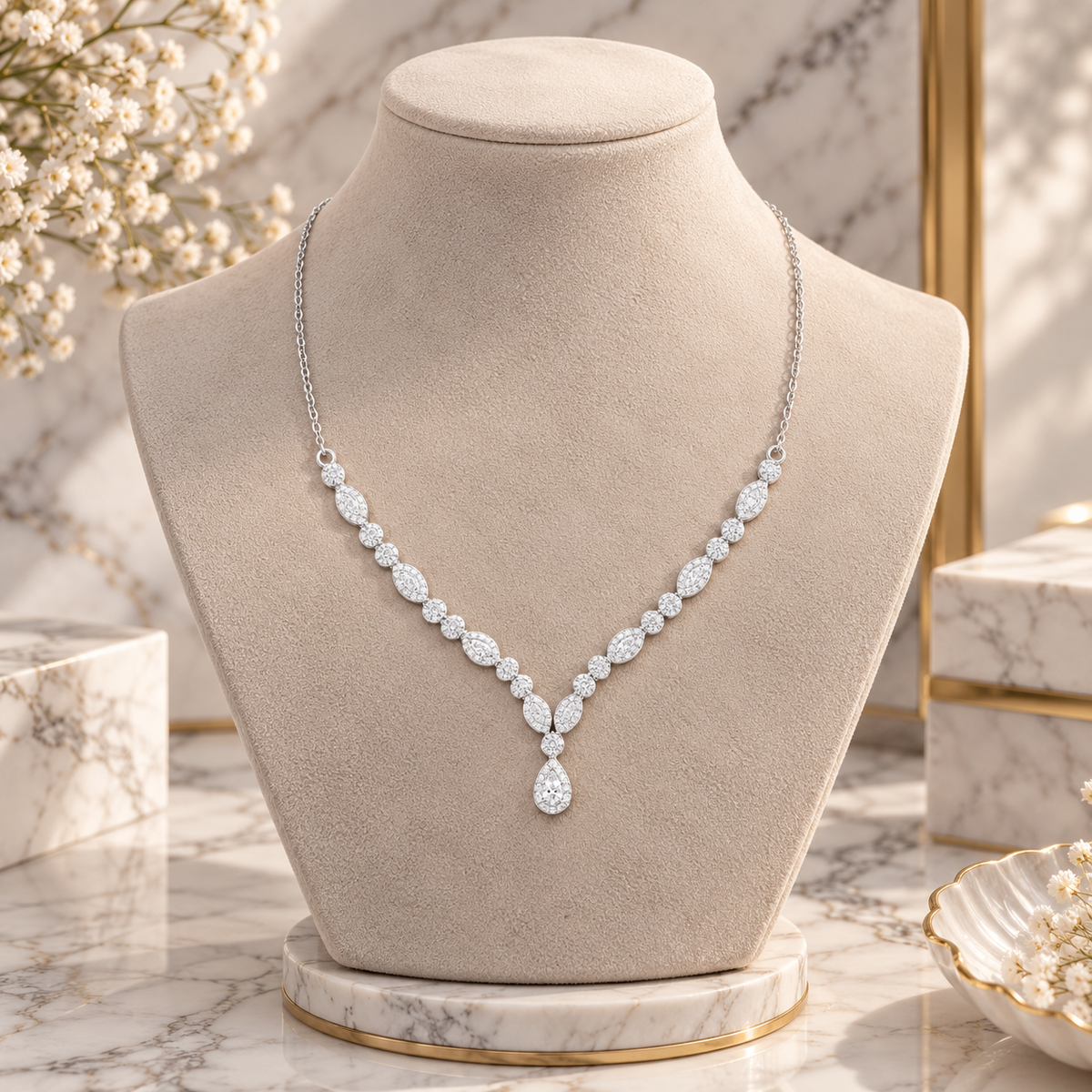 925 Sterling Silver Round Cut Lab-Grown Diamond Necklace with Pear Drop Pendant