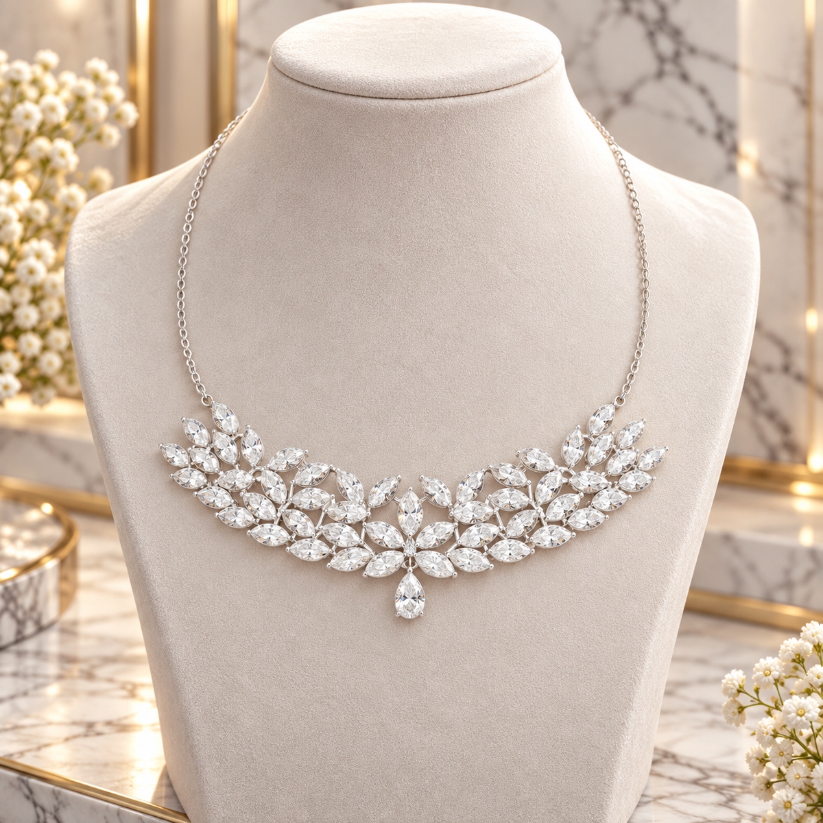 925 Sterling Silver Floral Lab-Grown Diamond Necklace – 4.24 Ct Leaf Design