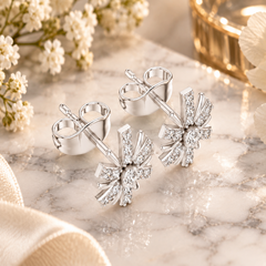 Round Diamond Floral Stud Earrings in Sterling Silver