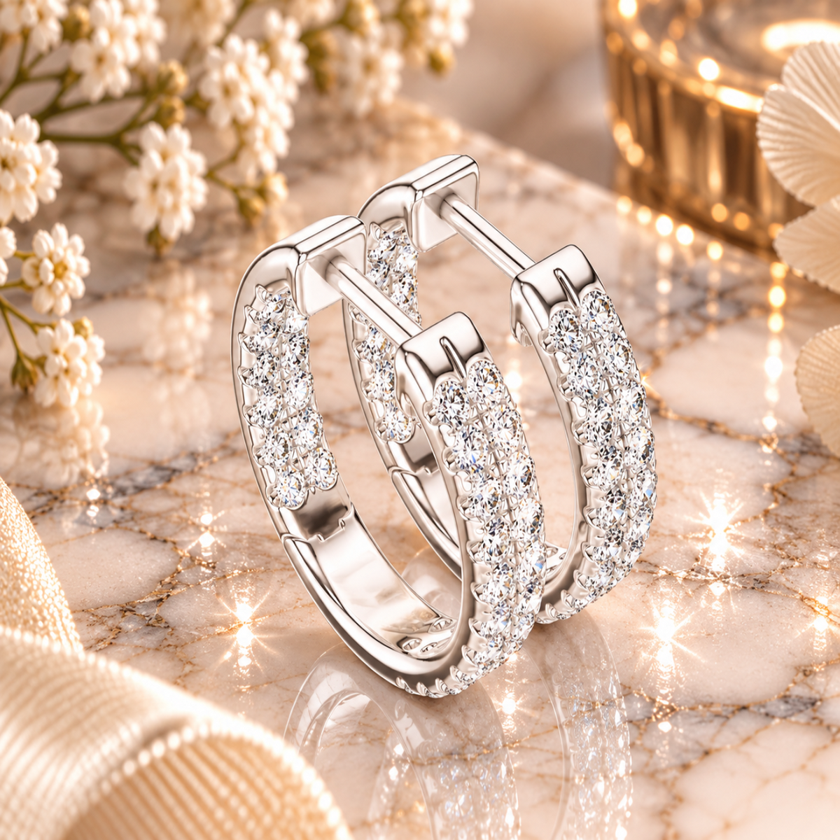 Full Sparkle Round Stone Hoop Earrings in Sterling Silver