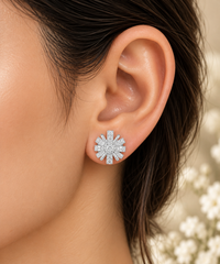 Round Diamond Floral Stud Earrings in Sterling Silver
