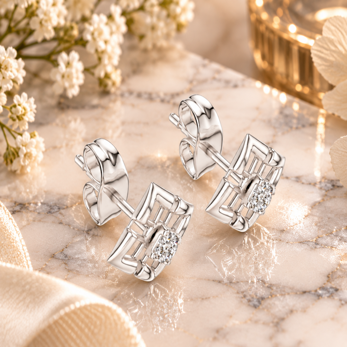 Square Diamond Stud Earrings in Sterling Silver